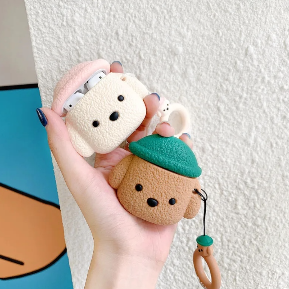 Estuche - Perro de felpa con gorro rosado para AirPods 1 y 2