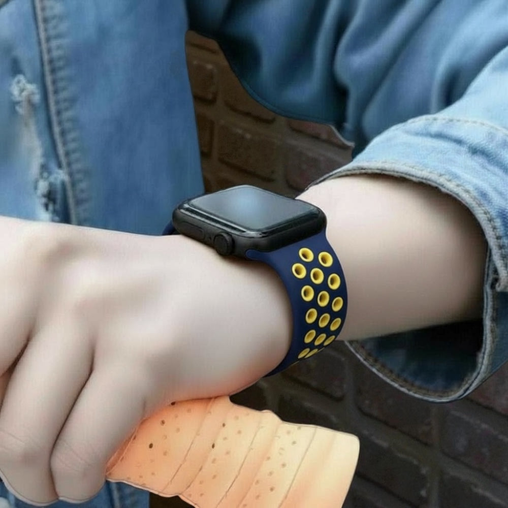 Pulsera - Deportiva azul marino con agujeros amarillos para Apple Watch