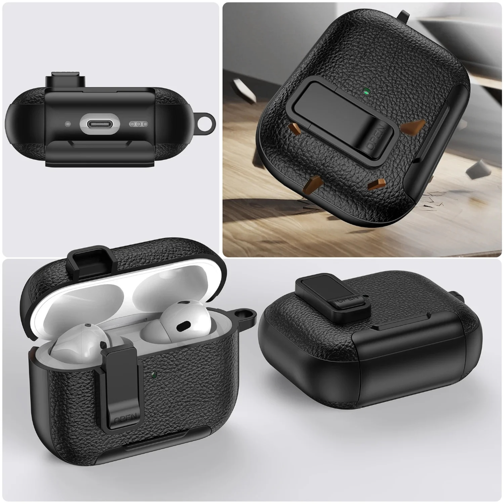 Estuche – Cuero negro Nexvora duro para AirPods Pro 1 y 2