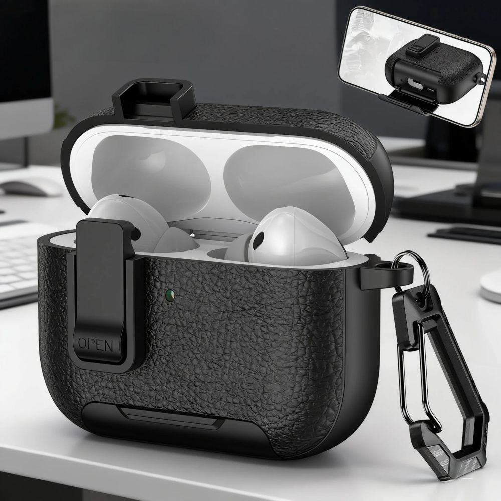 Estuche – Cuero negro Nexvora duro para AirPods Pro 1 y 2