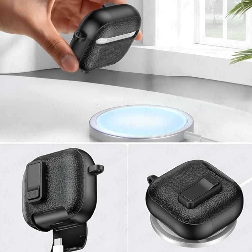 Estuche – Cuero negro Nexvora duro para AirPods Pro 1 y 2