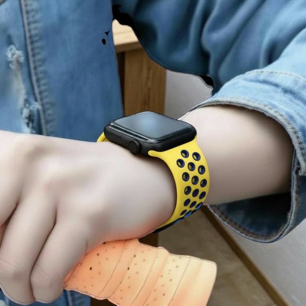 Pulsera - Deportiva Nike amarillo claro con agujeros azul marino para Apple Watch